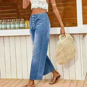Medium Wash Casual Women's Loose Fitting Straight Leg Blue Denim Jeans